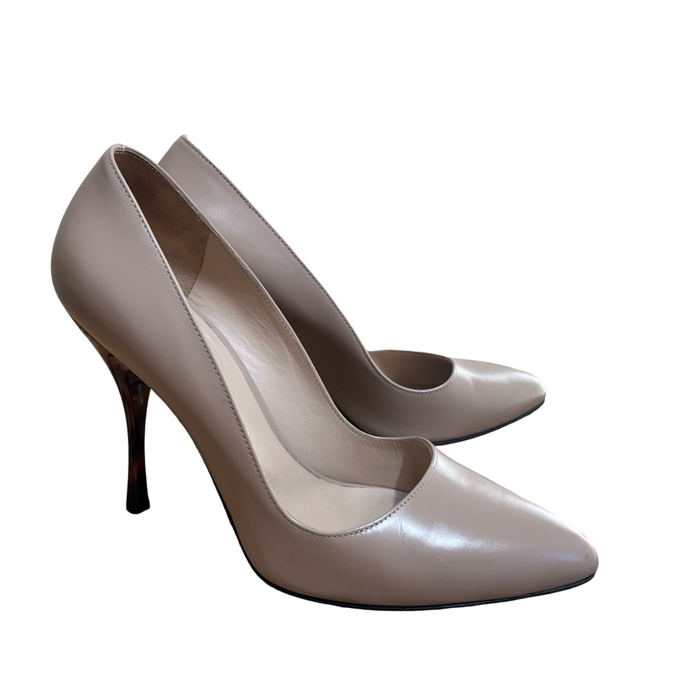 MaxMara Point Toe Leather Stiletto Heel Sz 38/ 7.5 Nude Tortoise Shell Heel